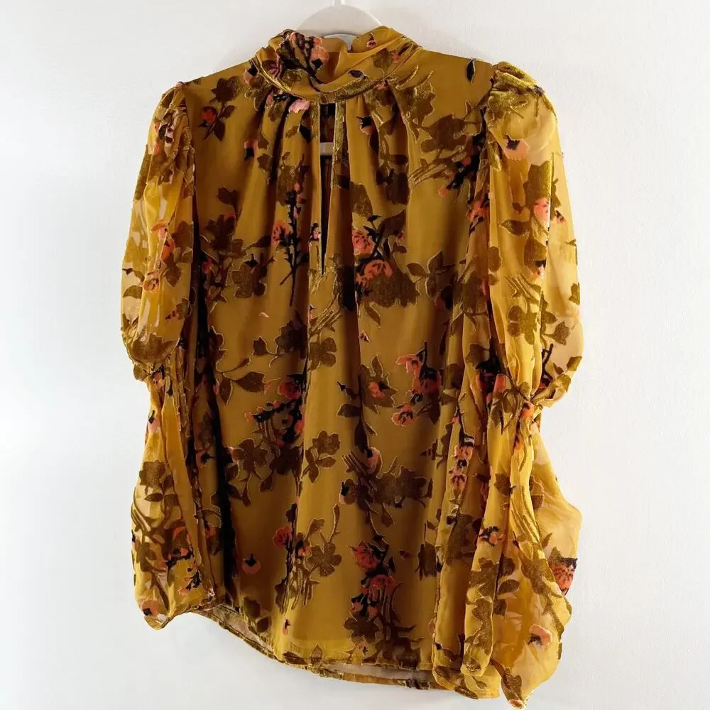 Floral Keyhole Mock Neck Blouse - Mustard - Picture 4 of 11